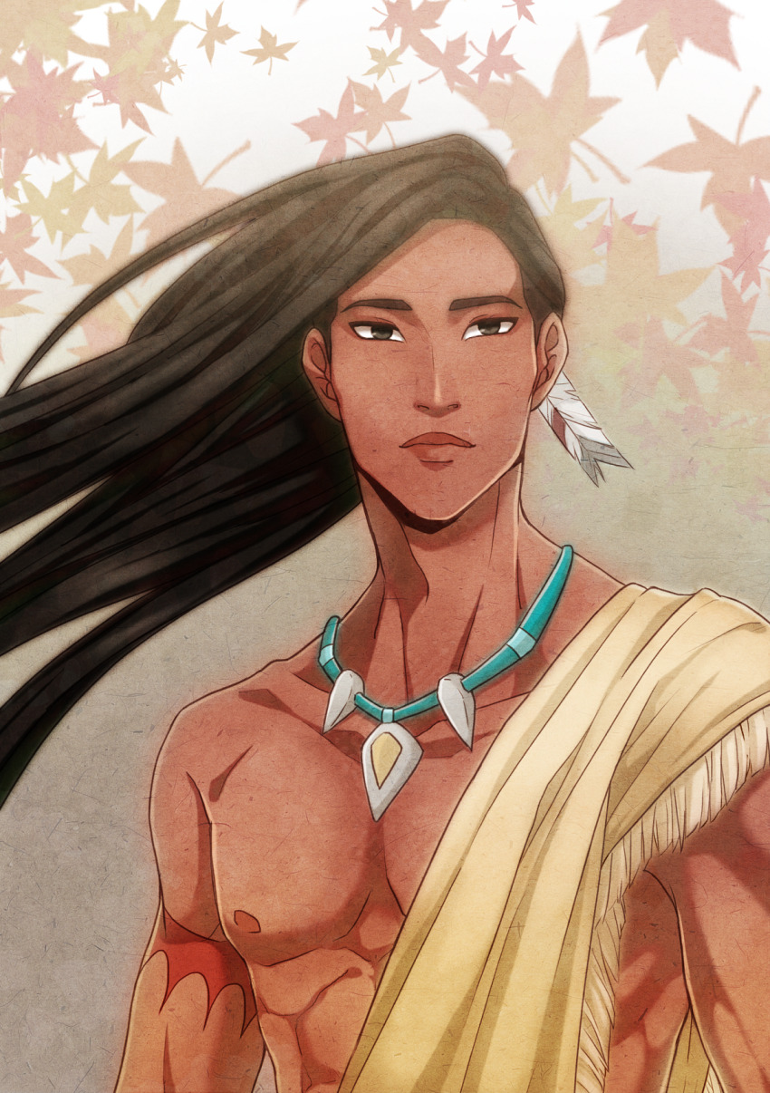 1boy arm_tattoo black_eyes black_hair dark-skinned_male dark_skin feather_hair_ornament feathers genderswap genderswap_(ftm) hair_ornament highres jewelry leaf long_hair necklace nipples outdoors pectorals pocahontas_(disney) pocahontas_(movie) solo taikiz tattoo toned upper_body wind