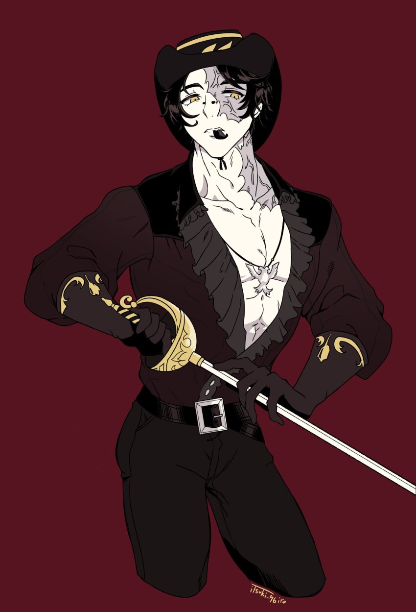 1boy abs belt belt_buckle black_belt black_gloves black_hair black_hat black_pants black_shirt bridge_piercing buckle burn_scar collarbone commentary cropped_legs frilled_shirt frills gloves hat highres holding holding_sword holding_weapon identity_v itsuki_96iro jewelry long_sleeves looking_at_viewer male_focus mouth_hold norton_campbell norton_campbell_(the_black_tulip) official_alternate_costume pants parted_bangs pendant petal_in_mouth petals piercing plunging_neckline rapier red_background scar scar_on_face shirt short_hair simple_background solo standing sword symbol-only_commentary weapon yellow_eyes