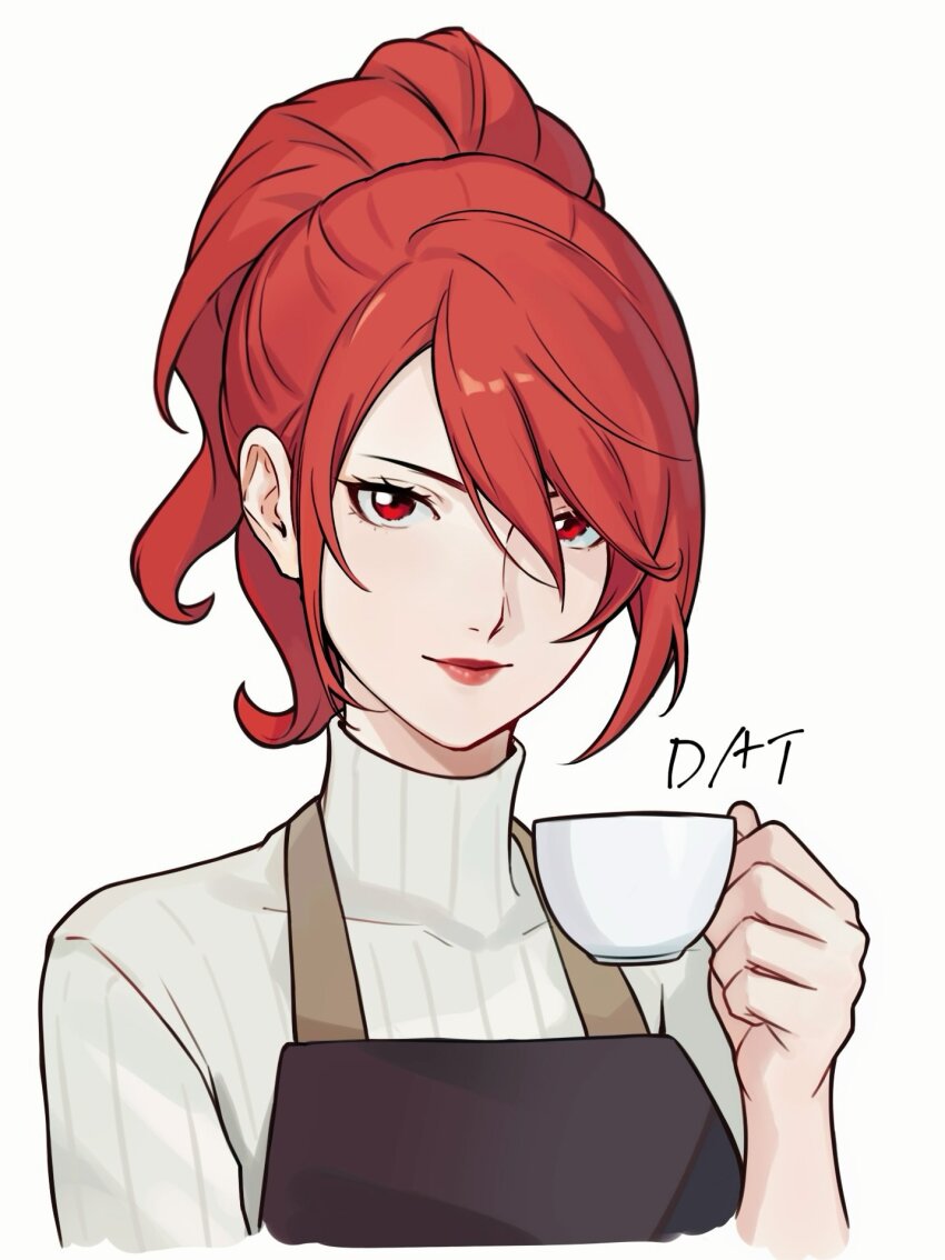 1girl apron black_apron cup da-cart highres holding holding_cup kirijou_mitsuru looking_at_viewer persona persona_3 red_eyes red_hair red_lips ribbed_sweater short_hair simple_background smile solo sweater teacup turtleneck turtleneck_sweater upper_body white_background white_sweater