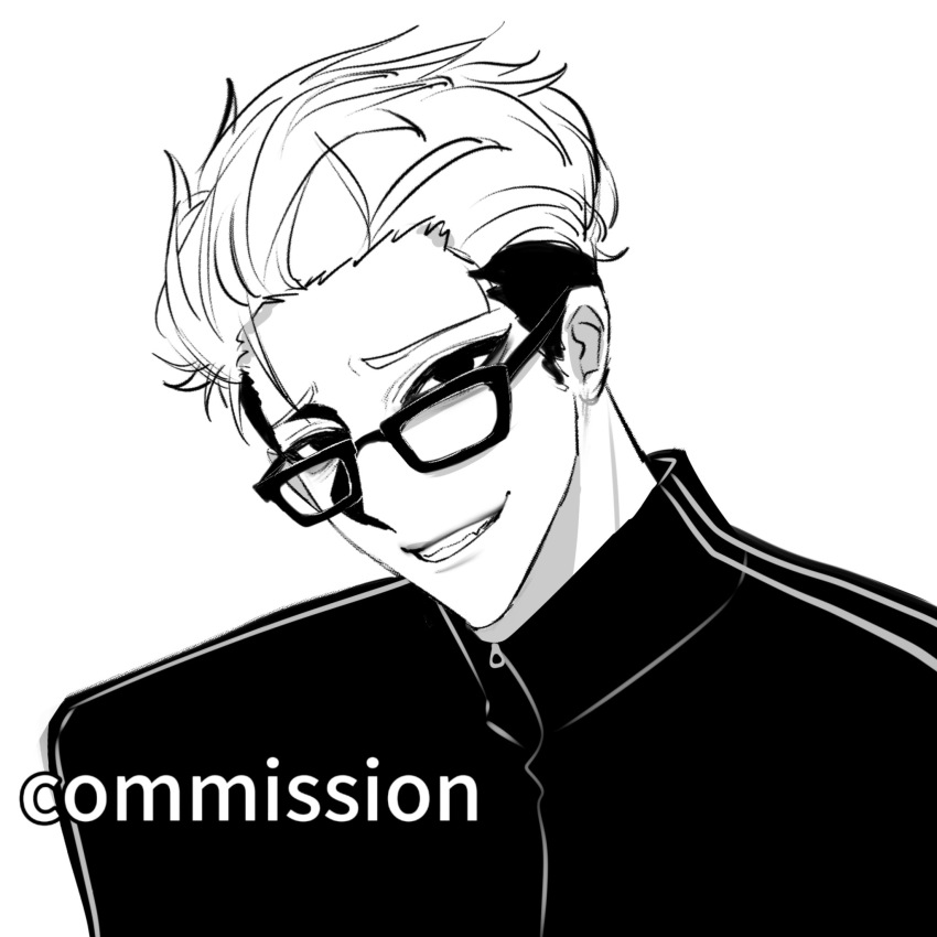 1boy chinese_commentary commentary_request commission fang glasses greyscale grin head_tilt highres jacket kim_joon_goo lookism male_focus monochrome moyu_shuang multicolored_hair portrait short_hair simple_background smile solo track_jacket two-tone_hair variant_set watermark white_background