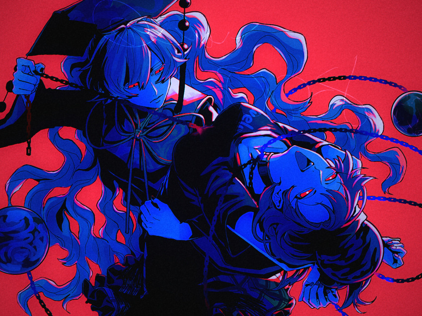 2girls bare_shoulders beads breasts chain chinese_clothes choker closed_mouth clothes_writing collarbone crescent crescent_print dress earth_(ornament) eyelashes fingernails frills hair_between_eyes hand_up hat hecatia_lapislazuli junko_(touhou) long_hair long_sleeves looking_at_another looking_at_viewer mandarin_collar medium_breasts medium_hair moon_(ornament) multiple_girls nail_polish neck_ribbon off-shoulder_shirt off_shoulder open_mouth plaid_clothes plaid_skirt raya_(uk_0128) red_background red_eyes ribbon shirt short_sleeves simple_background skirt smile standing t-shirt tabard tassel touhou underworld_(ornament) wavy_hair wide_sleeves yuri