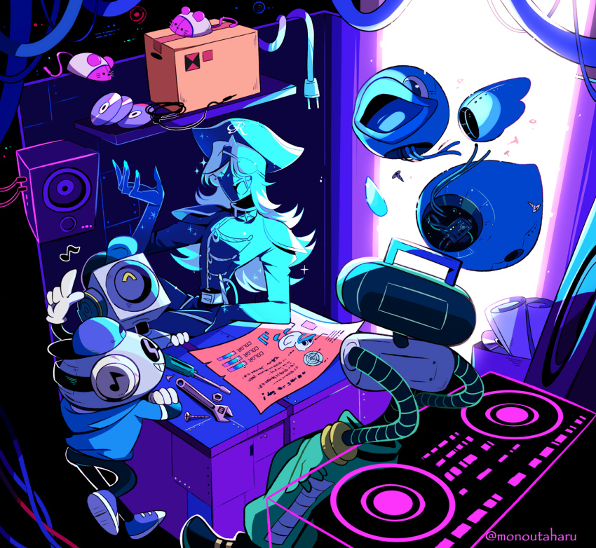 4boys :d androgynous arm_support backwards_hat baseball_cap belt black_belt black_footwear black_hat black_pants blue_hoodie blueprint_(object) box cable cap&#039;n_(deltarune) cassette_player cd cd_player commentary_request deltarune door eyepatch flipped_hair from_above full_body gloves green_gloves green_pants grin hair_over_one_eye hat highres hood hood_down hoodie humanoid_robot index_finger_raised jacket k_k_(deltarune) long_hair long_sleeves looking_at_another maus_(deltarune) mechanical_arms multiple_boys musical_note musical_note_print object_head open_mouth pants pirate_hat purple_footwear purple_hat robot rouxls_kaard screwdriver shelf short_sleeves smile sparkle speaker sunglasses sweet_(deltarune) taharu_(papiyas) teeth tongue turtleneck turtleneck_jacket twitter_username upper_teeth_only white_belt white_gloves white_hair wrench