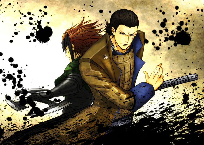 2boys back-to-back black_hair brown_coat brown_eyes brown_hair camouflage coat facepaint facial_scar forehead_protector hair_slicked_back highres holding holding_shuriken holding_weapon katakura_kojuurou_(sengoku_basara) looking_ahead looking_to_the_side mairu0358 male_focus multiple_boys ninja sarutobi_sasuke_(sengoku_basara) scar scar_on_cheek scar_on_face sengoku_basara short_hair shuriken splatter weapon yellow_background