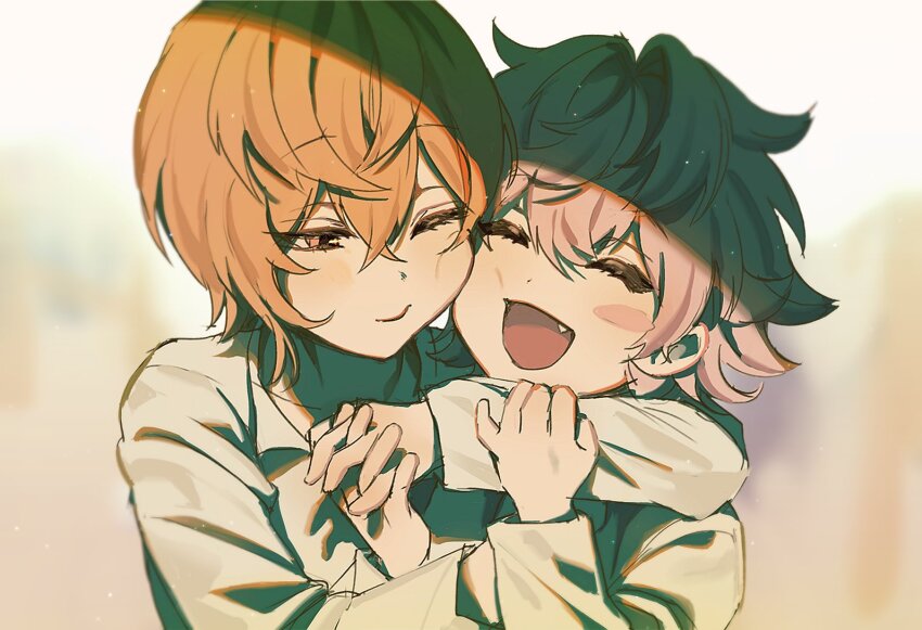 2boys aged_down blush child closed_eyes closed_mouth collared_shirt fang grey_background hug long_sleeves male_focus miyama_kei multicolored_background multiple_boys one_eye_closed open_mouth orange_background orange_eyes orange_hair paradox_live pink_hair rokuta_(paradox_live) shirt white_shirt ywkvs