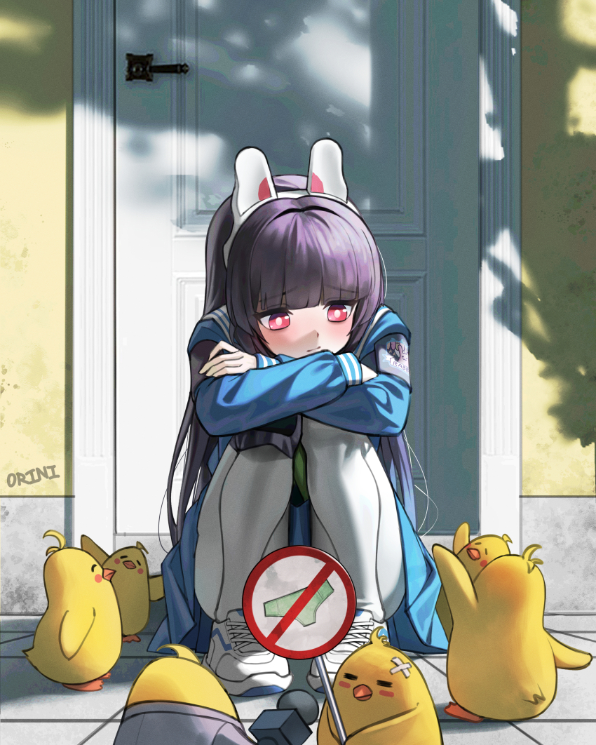 1girl absurdres animal_ears blue_archive blue_serafuku blue_shirt blue_skirt brown_hair fake_animal_ears highres loli long_hair miyu_(blue_archive) orini outdoors pantyhose pleated_skirt rabbit_ears red_eyes sailor_collar school_uniform serafuku shirt shoes skirt sneakers solo squatting very_long_hair white_pantyhose