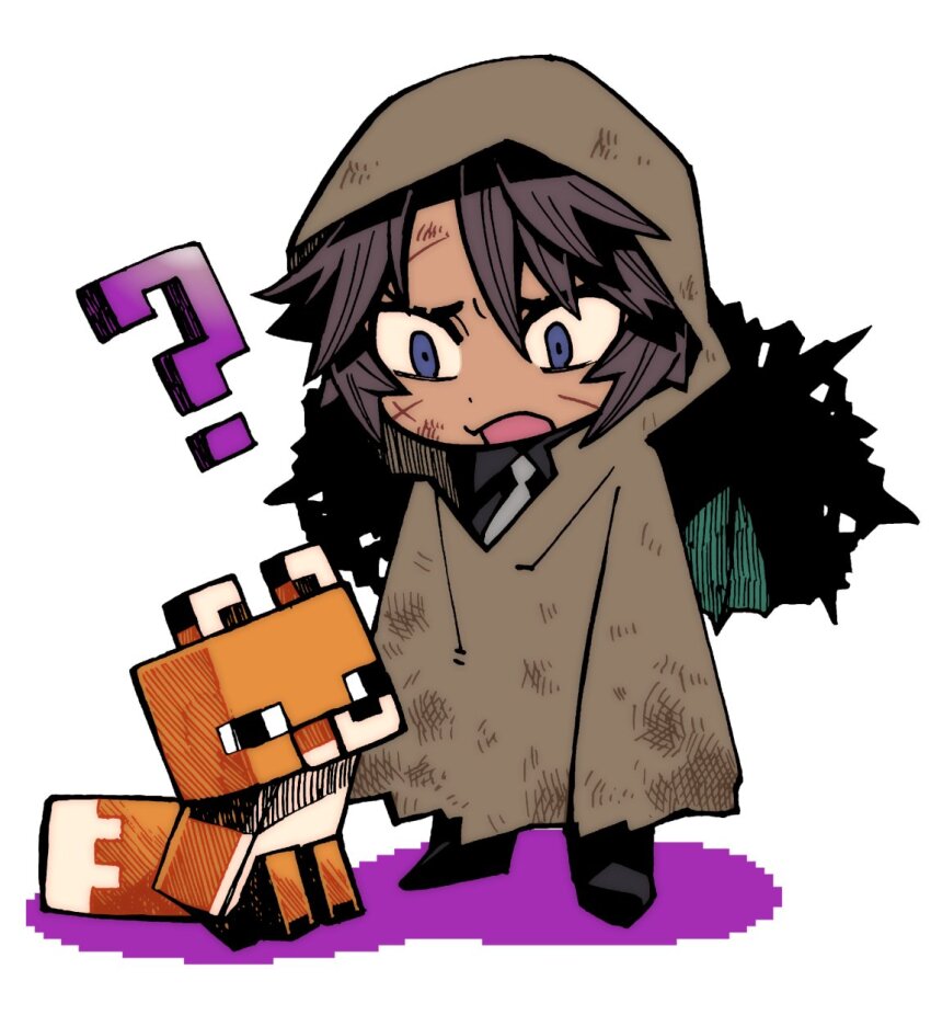 1boy ascot black_shirt brown_coat coat collared_shirt e.g.o_(project_moon) fox fox_(minecraft) heathcliff_(project_moon) highres hood hood_up hooded_coat limbus_company minecraft project_moon shirt simple_background solo sunshower_(e.g.o) touma_rui umbrella white_ascot white_background