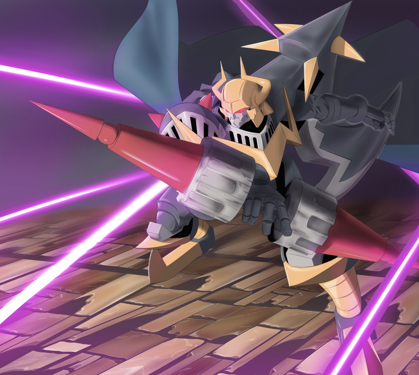 absurdres armor battle black_armor darkknightmon digimon digimon_(creature) double-sided_polearm full_body highres knight laser polearm red_eyes shoulder_armor solo spear taira_(tairamon) weapon