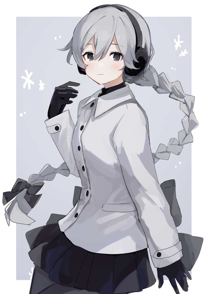 1girl absurdres back_bow black_eyes bow braid collared_jacket commentary_request gloves grey_hair hair_bow headphones highres jacket long_hair long_sleeves pantyhose pleated_skirt sekka_yufu shiratakiseaice skirt smile utau very_long_hair