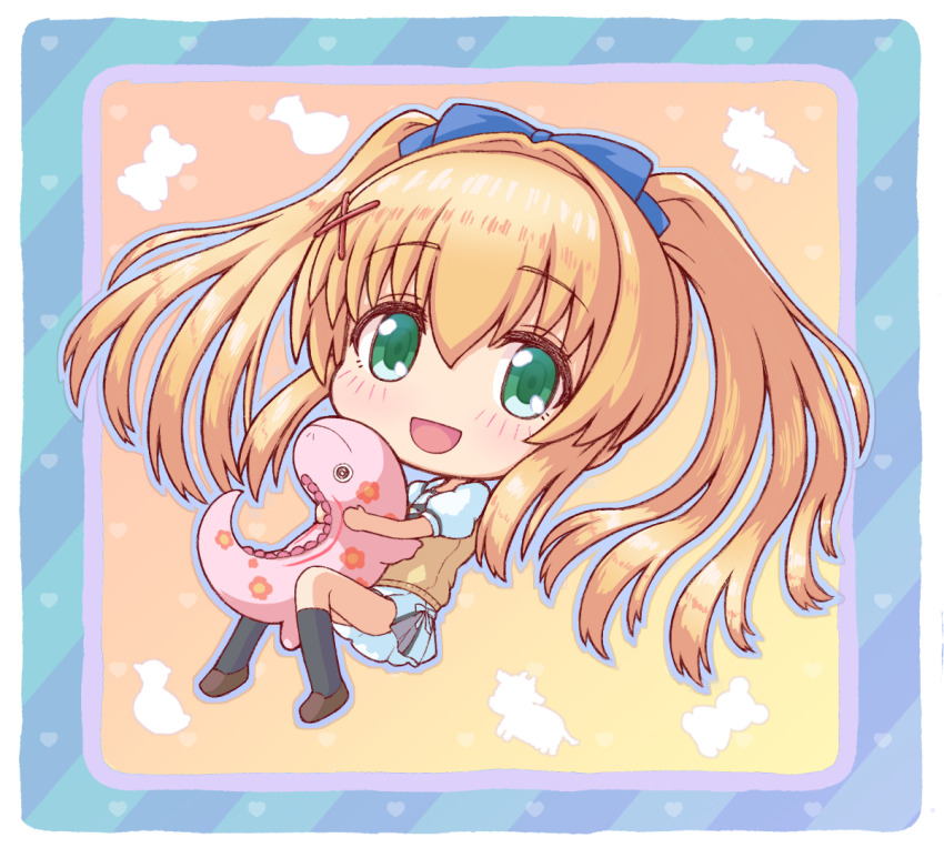 1girl :d black_socks blonde_hair blue_border blue_bow blue_outline blush border bow chibi chibi_only commentary_request dutch_angle floating_hair full_body green_eyes hair_between_eyes hair_bow hair_intakes hair_ornament happy holding holding_stuffed_toy kneehighs knees_up looking_at_viewer lying miniskirt on_back open_mouth outline puffy_short_sleeves puffy_sleeves school_uniform shirt short_sleeves sidelocks simple_background skirt smile socks solo stuffed_dinosaur stuffed_toy summer_pockets summer_pockets_school_uniform sweater_vest tareme tsumugi_wenders twintails white_shirt white_skirt x_hair_ornament yakatsu yellow_background yellow_sweater_vest