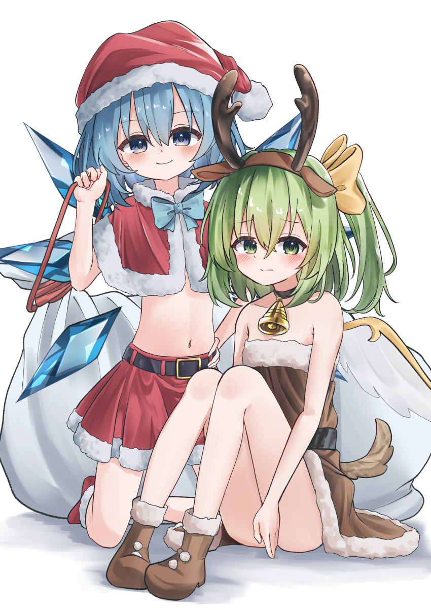 2girls absurdres alternate_costume animal_ears ankle_boots antlers ass bare_arms bare_legs bell black_choker blue_eyes blue_hair blush boots bow brown_boots brown_dress capelet choker cirno commentary_request commission convenient_arm daiyousei deer_antlers deer_ears deer_tail detached_wings dress fairy fairy_wings fake_animal_ears fake_antlers fake_tail flat_chest fur-trimmed_boots fur-trimmed_capelet fur-trimmed_dress fur-trimmed_skirt fur_trim green_eyes green_hair hair_bow hand_on_own_hip hat highres holding holding_sack horns ice ice_wings kneeling knees_up looking_at_viewer multiple_girls multiple_wings navel neck_bell one_side_up partial_commentary red_capelet red_skirt sack santa_costume santa_hat simple_background sitting skeb_commission skirt smile strapless strapless_dress tail touhou tsubakipan white_background wings yellow_bow