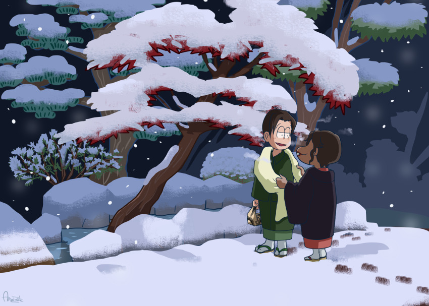 1boy 1girl amaizake brown_hair dayoon_girl green_kimono hetero japanese_clothes kimono matsuno_choromatsu night night_sky osomatsu-san osomatsu_(series) pine_tree red_kimono scarf sky snow tree yukata