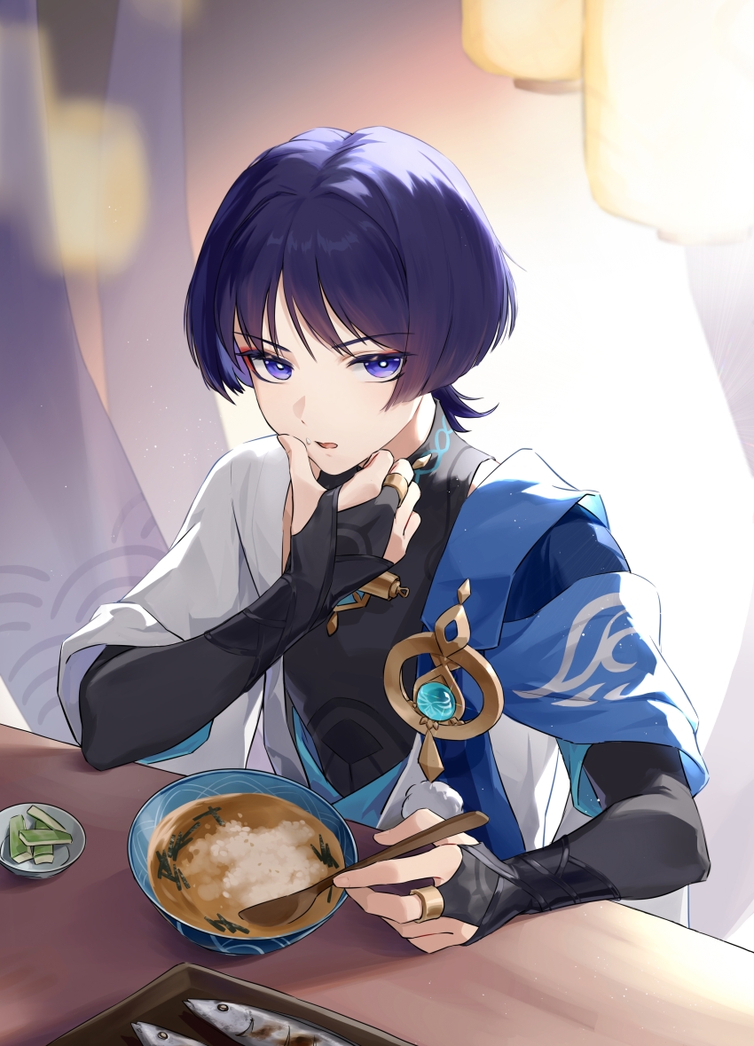 1boy absurdres black_gloves black_shirt bowl commentary_request ddxls fish food genshin_impact gloves highres holding holding_spoon looking_at_viewer male_focus no_headwear parted_lips purple_eyes purple_hair scaramouche_(genshin_impact) shirt short_hair solo soup spoon upper_body wanderer_(genshin_impact) white_shirt