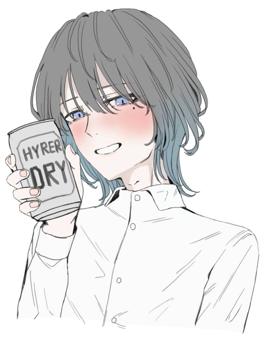 1boy aderi1020 androgynous asahi_breweries beer_can blue_eyes blush can collared_shirt drink_can grey_hair hair_between_eyes hand_up highres holding holding_can long_sleeves looking_at_viewer medium_hair mole mole_under_eye original parted_lips shirt simple_background slit_pupils smile white_background white_shirt wolf_cut