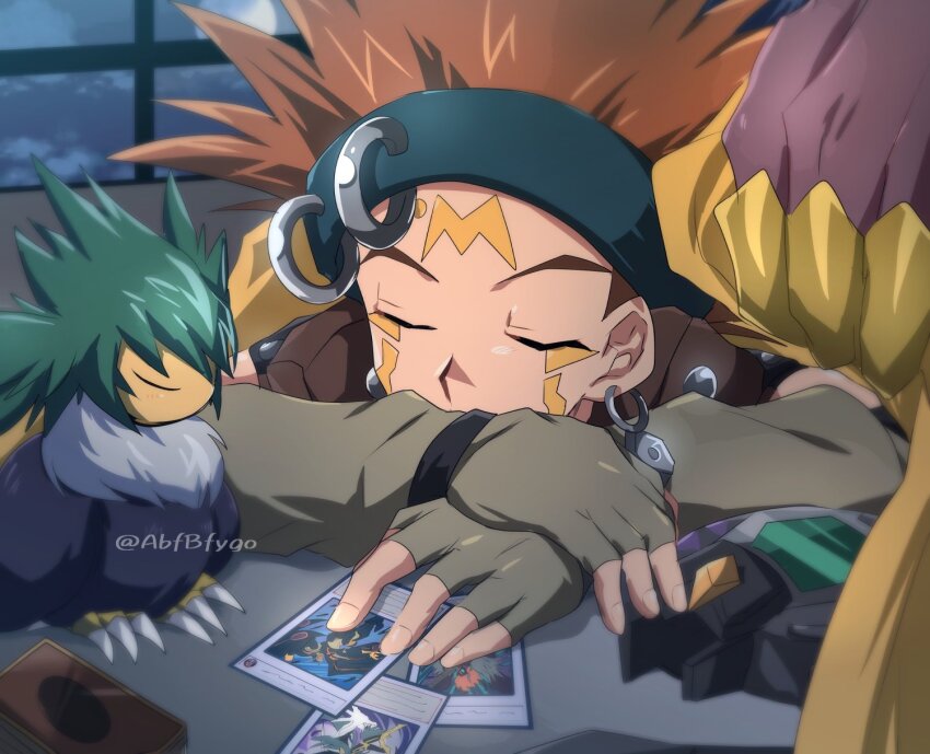 1boy abfbfygo bird black_feathers blackwing_armed_wing blackwing_armor_master blackwing_gale_the_whirlwind blackwing_silverwind_the_ascendant blue_headband brown_gloves closed_eyes crow_hogan deck_of_cards duel_disk duel_monster earrings facial_mark feathers fingerless_gloves full_moon gloves headband highres jewelry male_focus moon night orange_hair sleeping trading_card twitter_username window yu-gi-oh! yu-gi-oh!_5d&#039;s