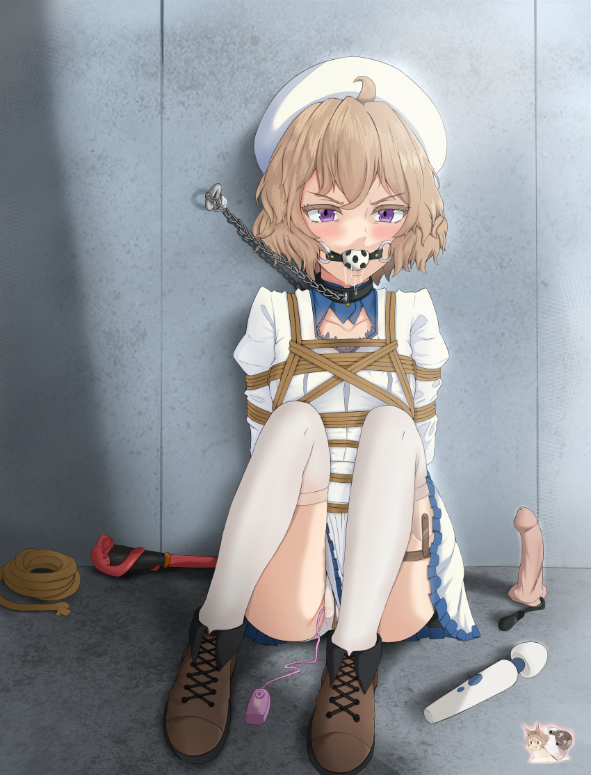1girl absurdres ahoge arms_behind_back ass ball_gag bdsm blue_trim blush bondage bound bound_arms bound_torso breasts brown_hair cane chain chain_leash cleft_of_venus clothes_lift collar collarbone collared_dress commission dildo dress female_focus gag gagged glaring hat highres hitachi_magic_wand human_trafficking indoors inflatable_dildo iwanaga_kotoko juliet_sleeves kantai_collection kidnapped kidnapped_girl kidnapping kyokou_suiri layered_dress leash light_brown_hair long_sleeves looking_at_viewer mutsu_(kancolle) mutsu_(kantai_collection) mutsu_(snail) no_escape panties petticoat pleated_dress prosthesis prosthetic_leg puffy_long_sleeves puffy_sleeves purple_eyes pussy pussy_juice pussy_peek rope sex_toy shibari shibari_over_clothes shoes skindentation skirt slave small_breasts solo stone_floor stone_wall tetsuffy_(tetsulul) thighhighs thighs this_is_your_life_now underwear upskirt vibrator vibrator_cord vibrator_under_clothes vibrator_under_panties wet wet_clothes wet_panties white_dress_shirt white_panties worried worried_look