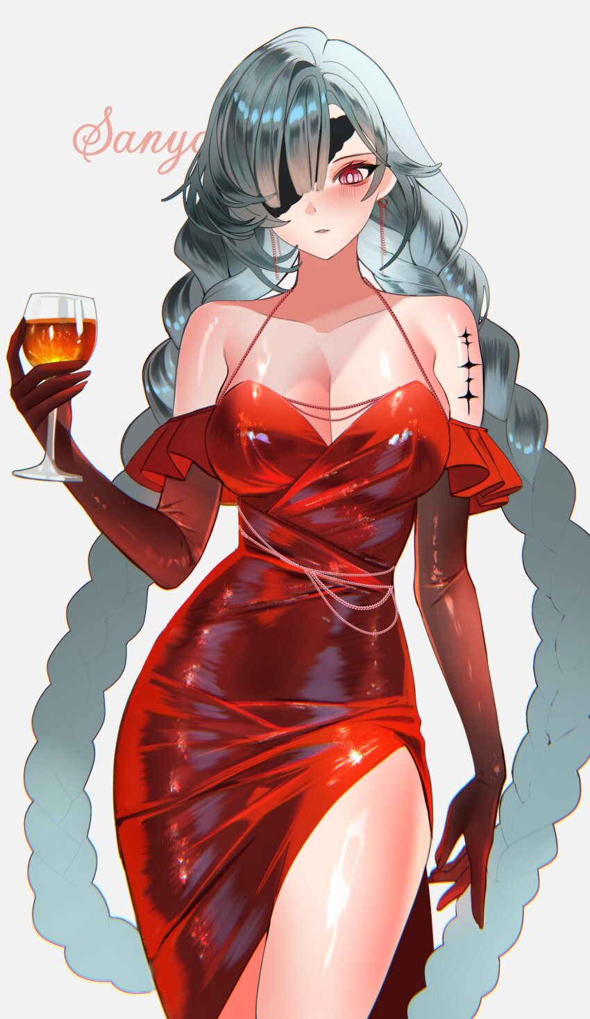 1girl artist_name bare_shoulders blush braid breasts chromatic_aberration cleavage collarbone commentary cowboy_shot cup dress drinking_glass earrings elbow_gloves english_commentary eyepatch gloves grey_hair halter_dress halterneck highres holding holding_cup jewelry large_breasts long_hair looking_at_viewer low_twin_braids parted_lips phrolova_(wuthering_waves) red_dress red_eyes red_gloves sanya_(sanya_lox228) side_slit solo tacet_mark_(wuthering_waves) taut_clothes taut_dress thighs twin_braids very_long_hair wuthering_waves
