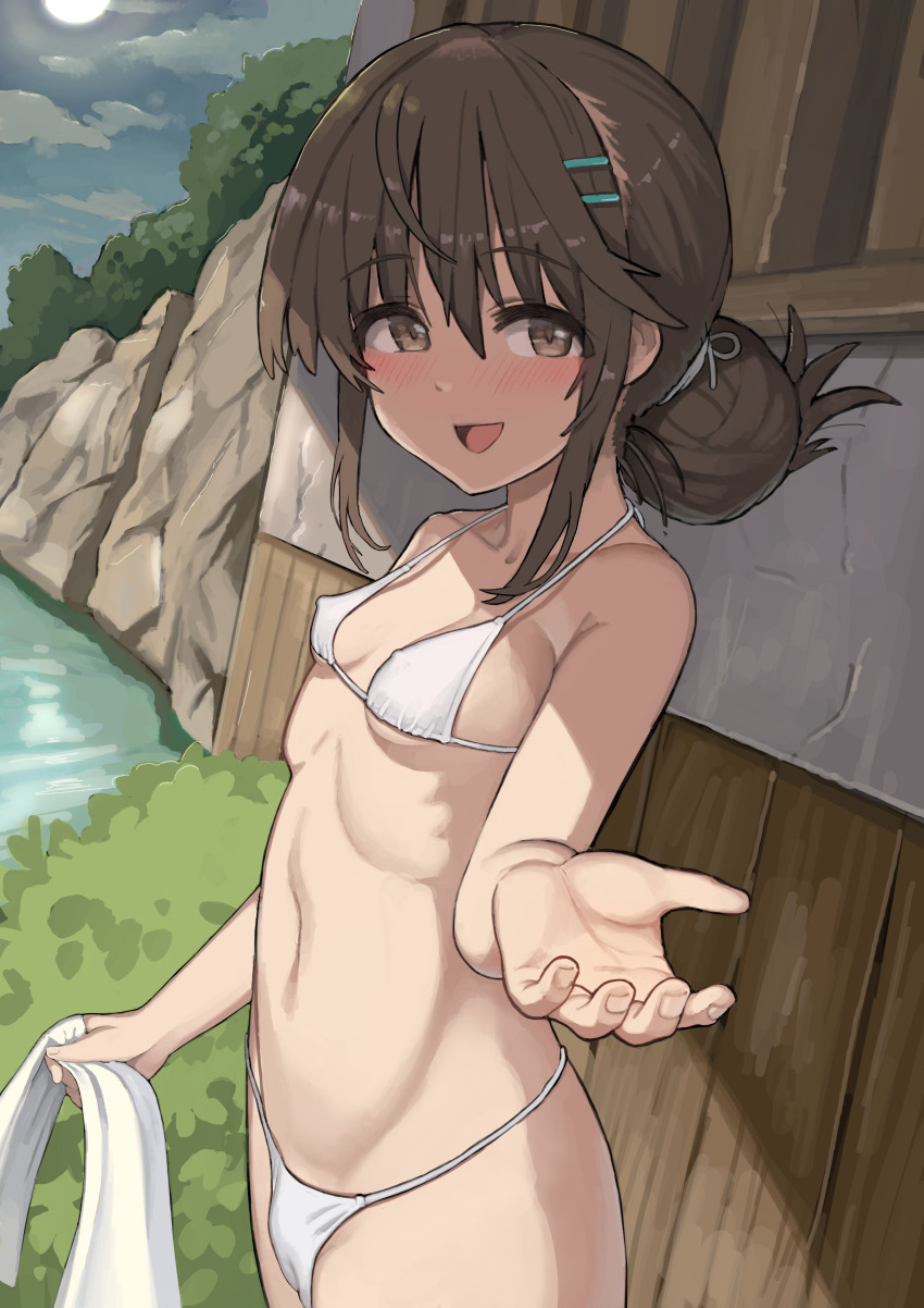 1girl absurdres bikini breasts brown_eyes brown_hair cameltoe collarbone commentary_request covered_erect_nipples cowboy_shot day from_side hair_between_eyes hair_bun hair_ornament hairclip hand_up highres holding holding_towel long_bangs long_sidelocks looking_at_viewer looking_to_the_side navel open_mouth original outdoors outstretched_hand parallel_hairclips pov reaching reaching_towards_viewer shade sidelocks single_hair_bun small_breasts smile solo standing stomach string_bikini susu_(ysy) swimsuit towel turning_head white_bikini wispy_bangs