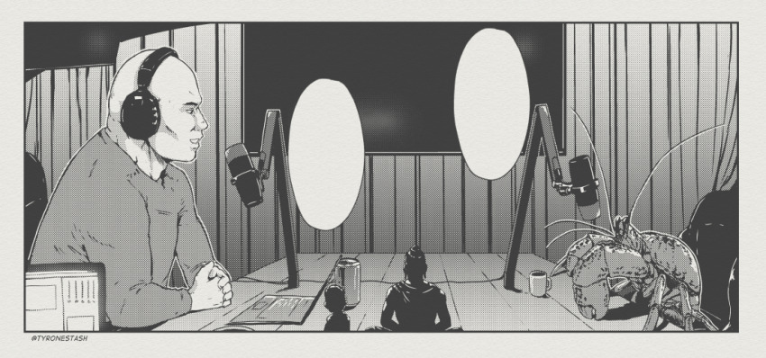 1boy bald blank_speech_bubble commentary english_commentary greyscale headphones indoors joe_rogan lobster looking_at_animal microphone monochrome podcast speech_bubble the_joe_rogan_experience thought_bubble twitter_username tyrone