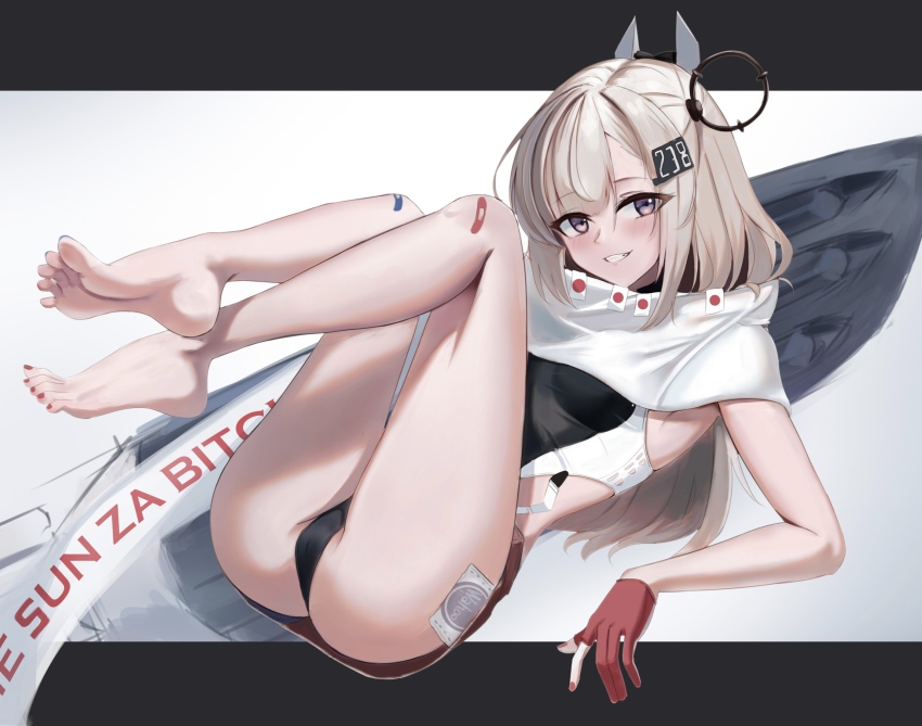 1girl absurdres ass bandaid bandaid_on_knee bandaid_on_leg barefoot black_background black_one-piece_swimsuit blonde_hair blue_nails blush competition_swimsuit dimos_(dawn_1945) english_text feet full_body gloves hair_between_eyes hair_ornament hairpin headgear highres japanese_flag kantai_collection long_hair nail_polish one-piece_swimsuit parted_lips partially_fingerless_gloves purple_eyes reclining red_gloves red_nails red_shorts scarf short_shorts shorts sidelocks simple_background smile solo swimsuit teeth torpedo_tubes two-tone_one-piece_swimsuit wahoo_(kancolle) white_background white_one-piece_swimsuit white_scarf