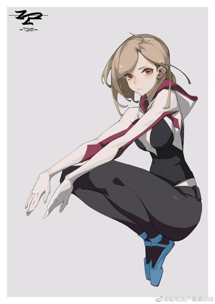 1girl absurdres bodysuit border brown_eyes brown_hair closed_mouth commentary_request full_body gwen_stacy highres hood hood_down hooded_bodysuit looking_at_viewer marvel short_hair solo spider-gwen spider-man:_into_the_spider-verse spider-man_(series) spider-verse squatting tomafumi white_border
