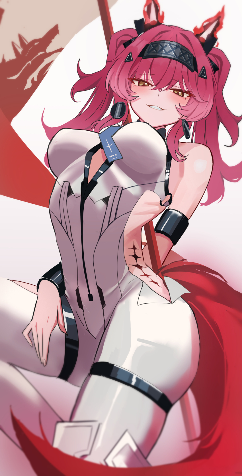 1girl animal_ears bare_shoulders black_bow black_hairband bodysuit bow breasts commentary_request earrings fake_animal_ears grin hair_bow hair_ornament hairband highres jewelry long_hair looking_at_viewer lupa_(wuthering_waves) medium_breasts multiple_hair_bows pink_hair red_tail smile solo tacet_mark_(wuthering_waves) twintails wesly2300 white_bodysuit wrist_guards wuthering_waves yellow_eyes