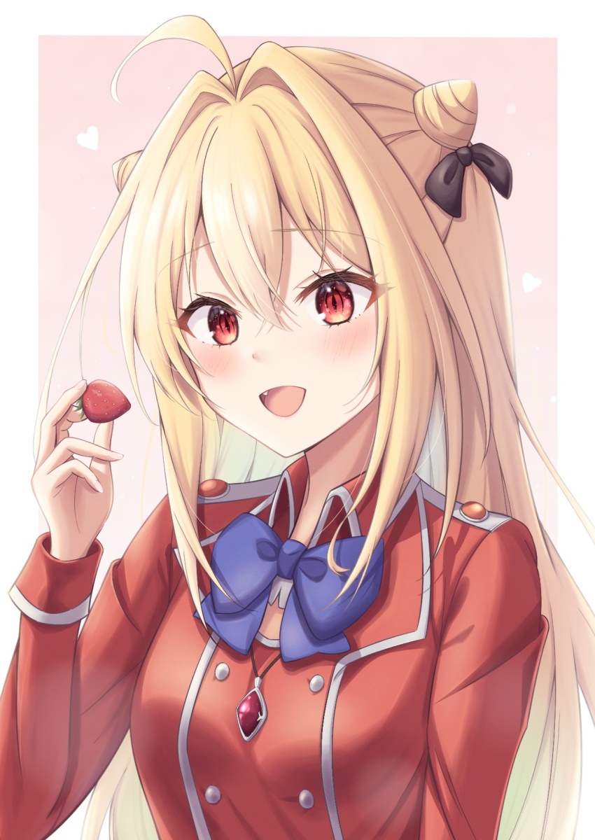 1girl 2024 :d ahoge black_bow blonde_hair blue_bow blue_bowtie blush border bow bowtie buttons commentary_request cone_hair_bun crossed_bangs dated_commentary double-breasted double_bun eyelashes fang food fruit hair_between_eyes hair_bow hair_bun hair_intakes hand_up happy heart highres hikikomari_kyuuketsuki_no_monmon holding holding_food holding_fruit jacket jewelry long_hair long_sleeves looking_at_food miyuki_kotori open_mouth outside_border pendant pink_background red_eyes red_jacket simple_background slit_pupils smile solo strawberry terakomari_gandezblood upper_body very_long_hair white_border