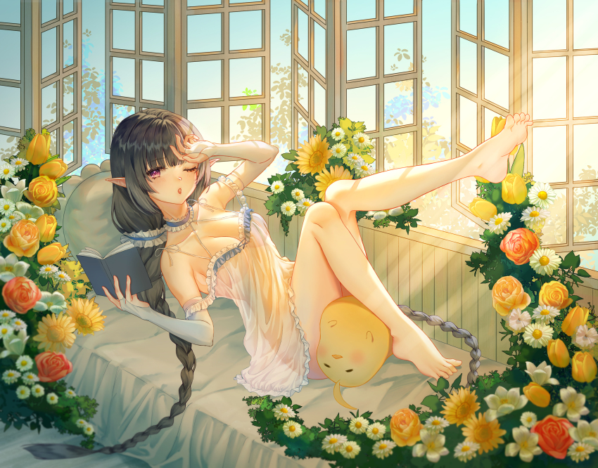 1girl absurdres ayako_(13639839) azur_lane babydoll book braid breasts cleavage elf evertsen_(azur_lane) evertsen_(basking_by_the_window)_(azur_lane) flower grey_hair highres holding holding_book indoors knees_up looking_at_viewer low_twin_braids lying manjuu_(azur_lane) medium_breasts official_alternate_costume on_back one_eye_closed pointy_ears purple_eyes red_flower see-through_babydoll see-through_clothes see-through_silhouette silhouette twin_braids white_babydoll white_flower window yellow_flower