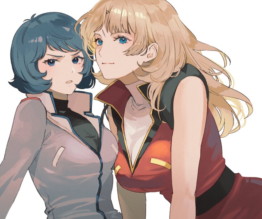 2girls blonde_hair blue_eyes blue_hair blue_jacket breasts commentary genderswap genderswap_(ftm) gundam highres jacket kamille_bidan kasumi_(skchkko) leaning_forward looking_at_viewer multiple_girls quattro_bajeena red_jacket sleeveless sleeveless_jacket symbol-only_commentary white_background zeta_gundam