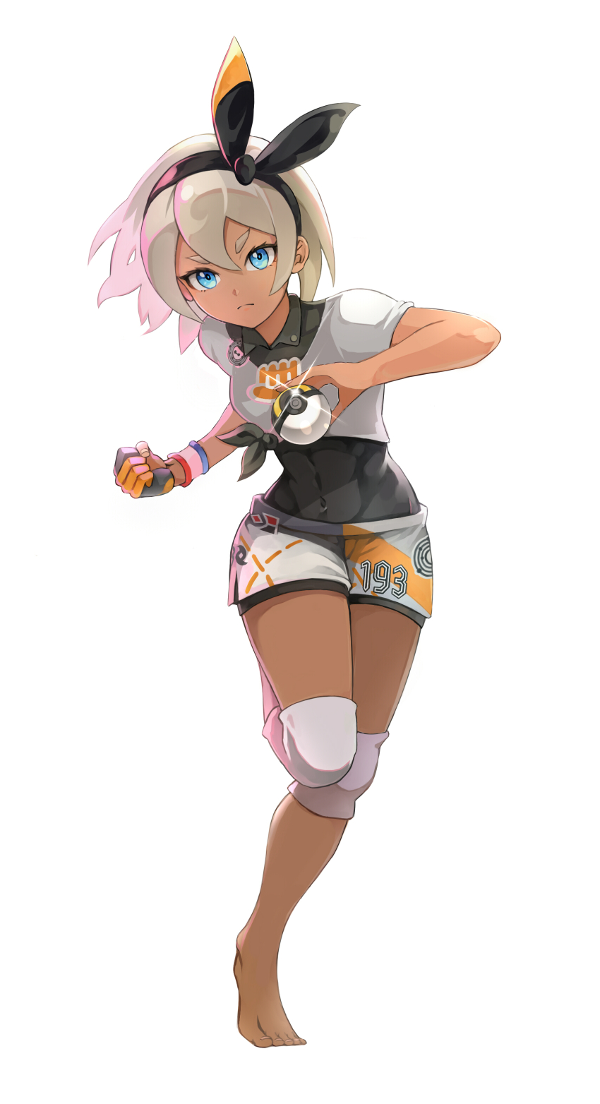 1girl absurdres bad_id bad_pixiv_id barefoot bea_(pokemon) black_bodysuit black_hairband bodysuit bodysuit_under_clothes bow_hairband clenched_hand closed_mouth collared_shirt commentary covered_navel dark-skinned_female dark_skin dynamax_band full_body glint gloves gym_leader hair_between_eyes hairband highres holding holding_poke_ball knee_pads looking_at_viewer nintendo okken partially_fingerless_gloves poke_ball pokemon pokemon_swsh print_shirt print_shorts shirt short_sleeves shorts side_slit side_slit_shorts single_glove solo standing standing_on_one_leg tied_shirt toes ultra_ball