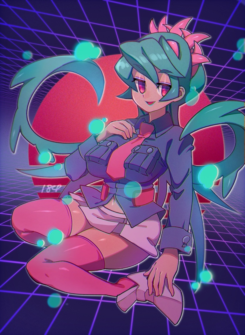 184nx 1girl alternate_color dark-skinned_female dark_skin eyeshadow facing_viewer fukua_(skullgirls) green_hair green_lips grid highres lipstick long_hair looking_at_viewer makeup navel necktie pleated_skirt school_uniform sitting skirt skullgirls smile solo synthwave thighhighs