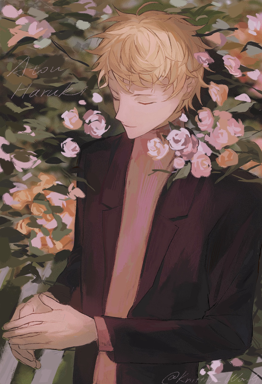 1boy atou_haruki black_jacket blonde_hair brown_sweater character_name closed_eyes closed_mouth flower highres jacket long_sleeves male_focus open_clothes open_jacket outdoors rose saibou_shinkyoku short_hair smile solo sweater turtleneck turtleneck_sweater upper_body white_flower white_rose zhiyanpianyu55126