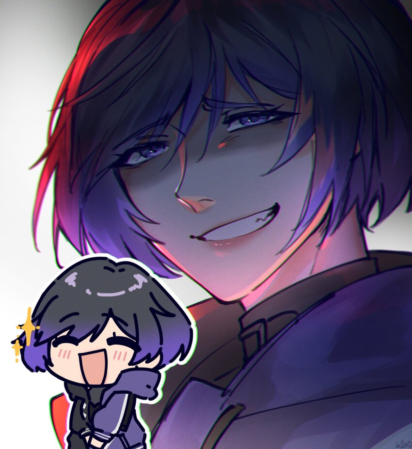 1girl absurdres b1n04 black_hair black_jacket chibi closed_eyes highres jacket lips multicolored_jacket namco purple_eyes purple_hair purple_jacket reina_(tekken) short_hair smug solo tekken tekken_8 upper_body