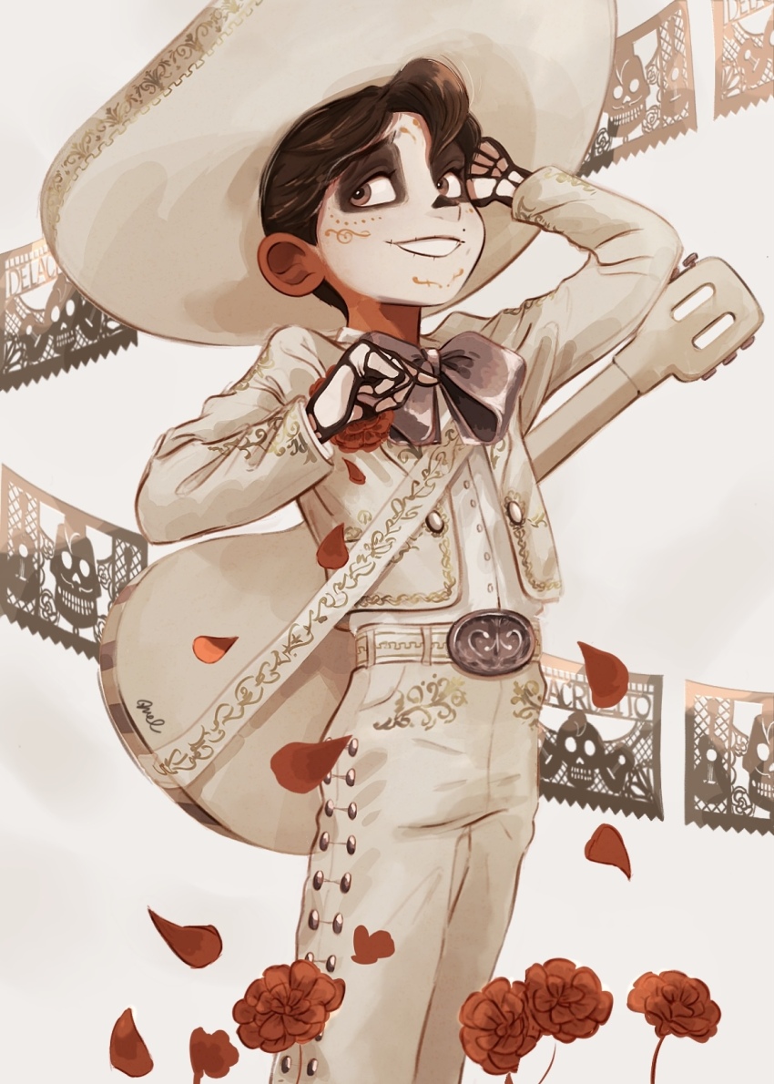 1boy aged_down belt bow bowtie brown_eyes brown_hair coco_(disney) commentary_request dark-skinned_male dark_skin ernesto_de_la_cruz facepaint flower grey_bow grey_bowtie grin guitar hat highres instrument jacket male_focus melchencanto mexican_clothes mole mole_above_mouth pants red_flower red_rose rose short_hair simple_background smile solo white_background white_belt white_hat white_jacket white_pants x-ray