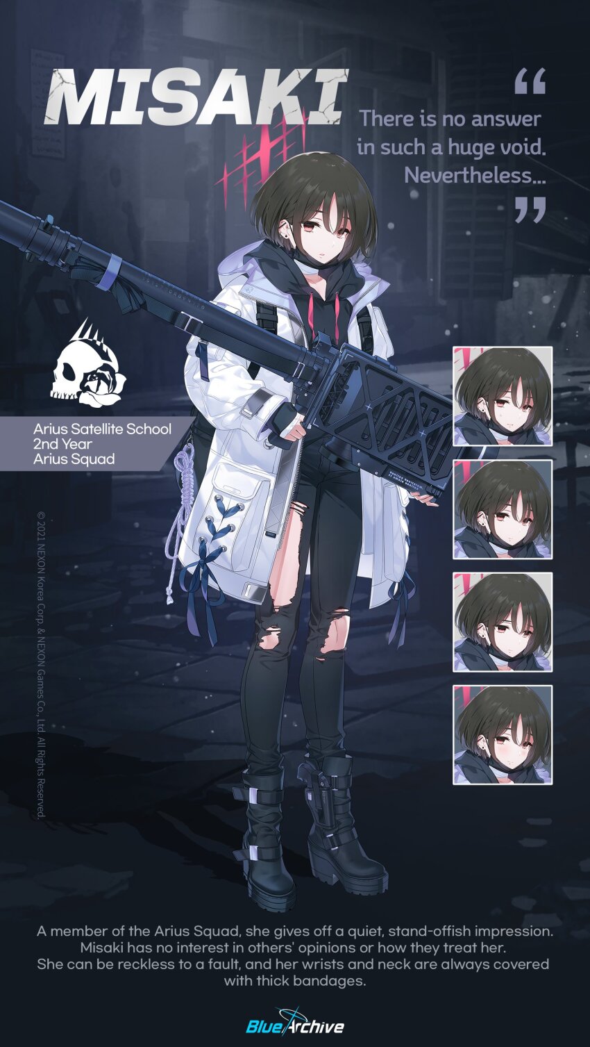 1girl 9ml absurdres backpack bag bandaged_neck bandages black_hair black_hoodie black_pants blue_archive boots character_name character_profile earrings english_text fim-92_stinger halo highres hood hooded_jacket hoodie jacket jewelry mask misaki_(blue_archive) mouth_mask official_art pants red_eyes rocket_launcher short_hair stud_earrings surgical_mask torn_clothes torn_pants weapon white_jacket