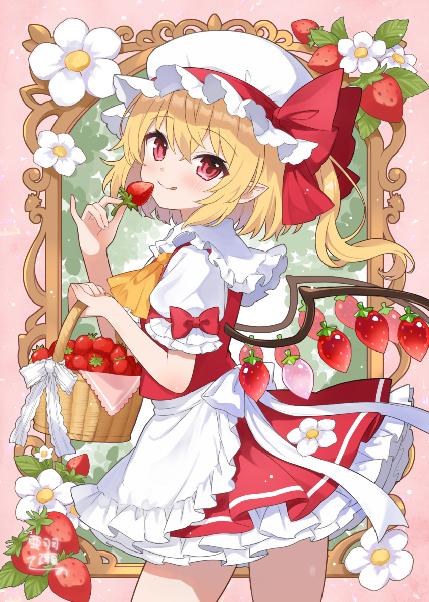 1girl :q ahase_hino apron ascot basket blonde_hair blush bow closed_mouth collared_shirt commentary_request cowboy_shot flandre_scarlet food frilled_apron frilled_shirt_collar frilled_skirt frilled_sleeves frills fruit fruit_basket hat hat_ribbon highres holding holding_basket holding_food holding_fruit looking_at_viewer looking_back mob_cap pointy_ears puffy_short_sleeves puffy_sleeves red_bow red_eyes red_ribbon red_skirt red_vest red_wings ribbon shirt short_hair short_sleeves signature skirt skirt_set sleeve_bow smile solo strawberry tongue tongue_out touhou vest waist_apron white_apron white_hat white_shirt wings yellow_ascot
