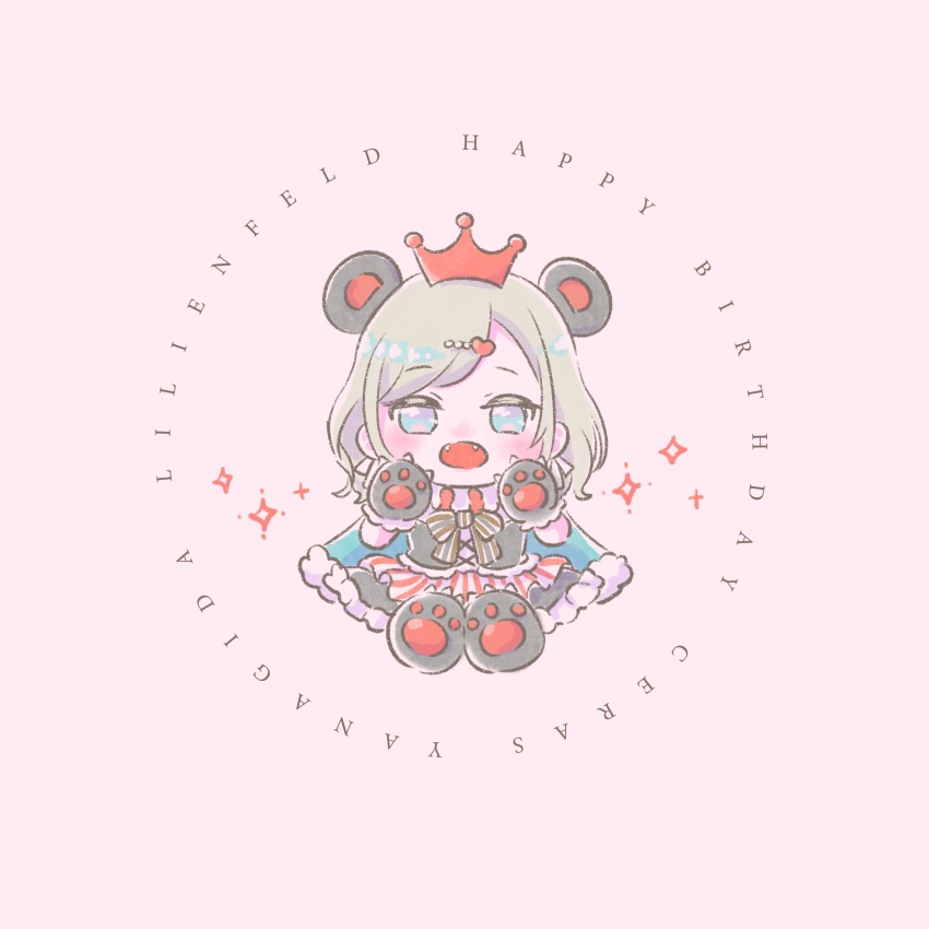 1girl :d abukero alternate_costume animal_ears bear_ears bear_paws black_vest blue_eyes ceras_yanagida_lilienfeld character_name chibi chibi_only commentary_request fangs frilled_skirt frills full_body grey_hair hair_ornament happy_birthday heart heart_hair_ornament highres link!_like!_love_live! long_hair looking_at_viewer love_live! open_mouth pink_background red_skirt simple_background skirt smile solo straight-on vest virtual_youtuber