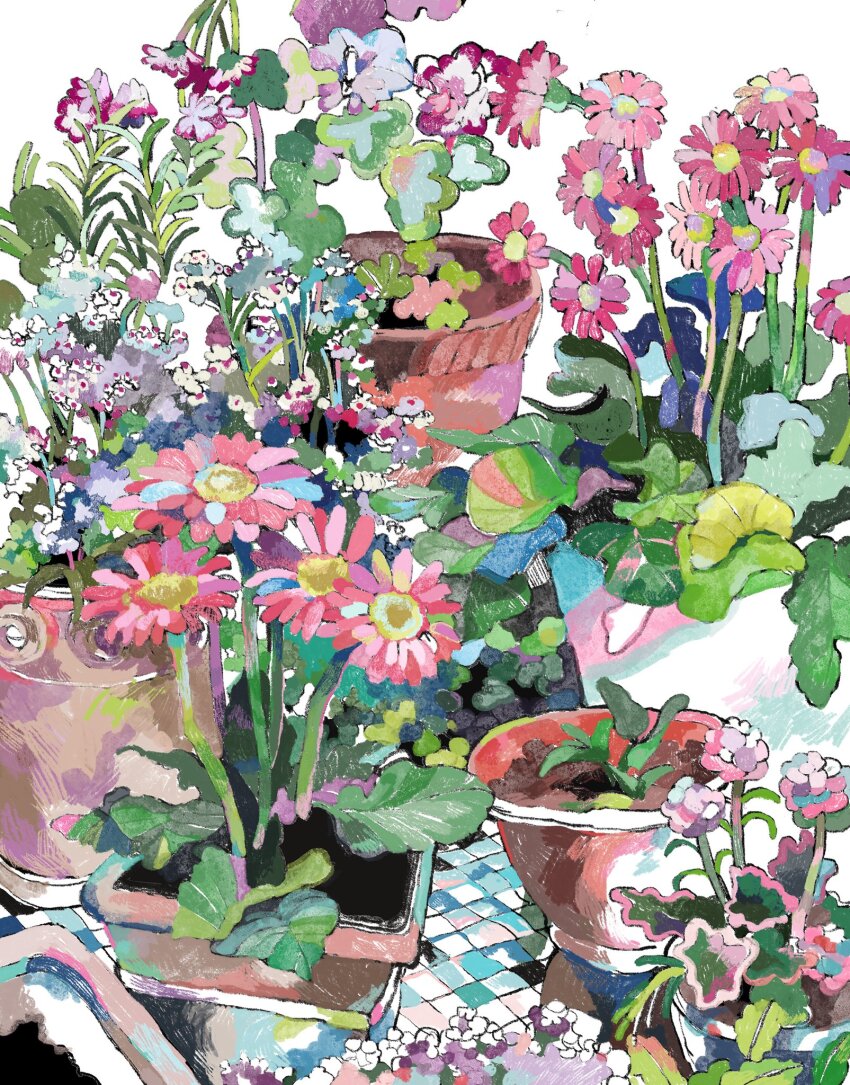 dirt ff_yufu flower flower_focus flower_pot highres no_humans original pink_flower plant potted_plant red_flower sprout tile_floor tiles white_background white_flower