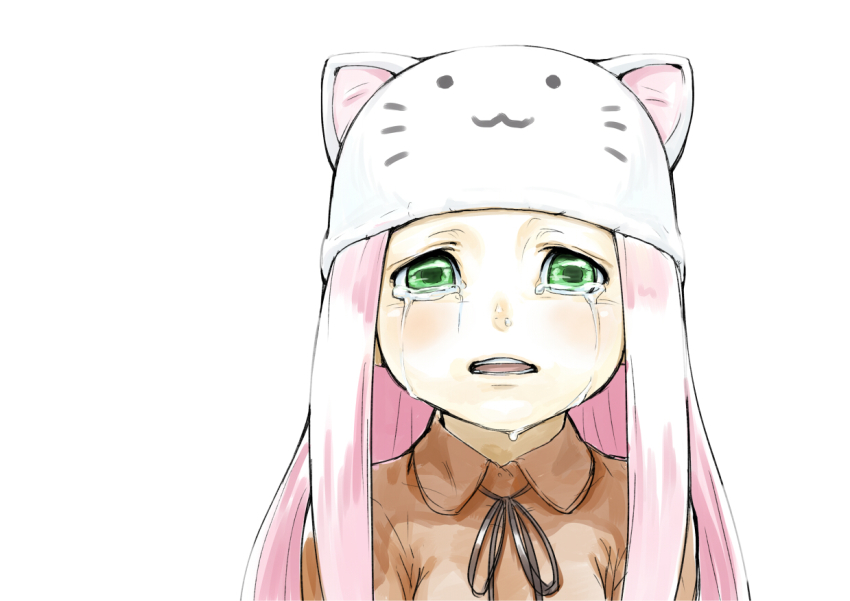 1girl :3 aged_down animal_ears animal_hat blush cat_hat crying crying_with_eyes_open female_focus green_eyes hat long_hair megurine_luka megurine_luka_(toeto) pink_hair shiba_itsuki simple_background snot solo tears toeto_(vocaloid) twintails vocaloid whiskers white_background