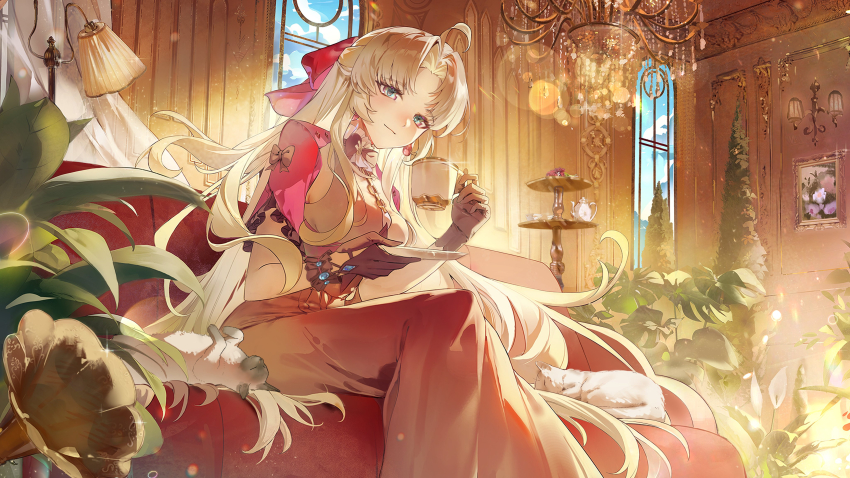 1girl absurdres ahoge alternate_costume black_gloves blue_eyes bow breasts carlotta_(wuthering_waves) closed_mouth couch datsha dress earrings gloves hair_bow highres holding holding_plate indoors jacket jewelry long_hair looking_at_viewer medium_breasts on_couch parted_bangs phonograph pink_bow pink_jacket plate revision sitting smile solo very_long_hair white_dress white_hair wuthering_waves