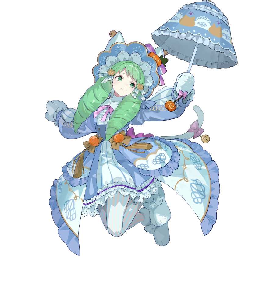 1girl alternate_costume animal_hands bell cat_tail closed_mouth costume detached_sleeves dress drill_hair fake_tail female_focus fire_emblem fire_emblem_heroes flayn_(fire_emblem) flayn_(halloween)_(fire_emblem) frills full_body gloves green_eyes green_hair hair_ornament halloween halloween_costume hat highres holding holding_umbrella jack-o&#039;-lantern jingle_bell long_hair long_sleeves matching_hair/eyes nintendo non-web_source official_alternate_costume official_art pantyhose paw_gloves paw_print paw_shoes pumpkin ribbon short_dress smile striped tail tobi_(kotetsu) transparent_background umbrella vertical_stripes