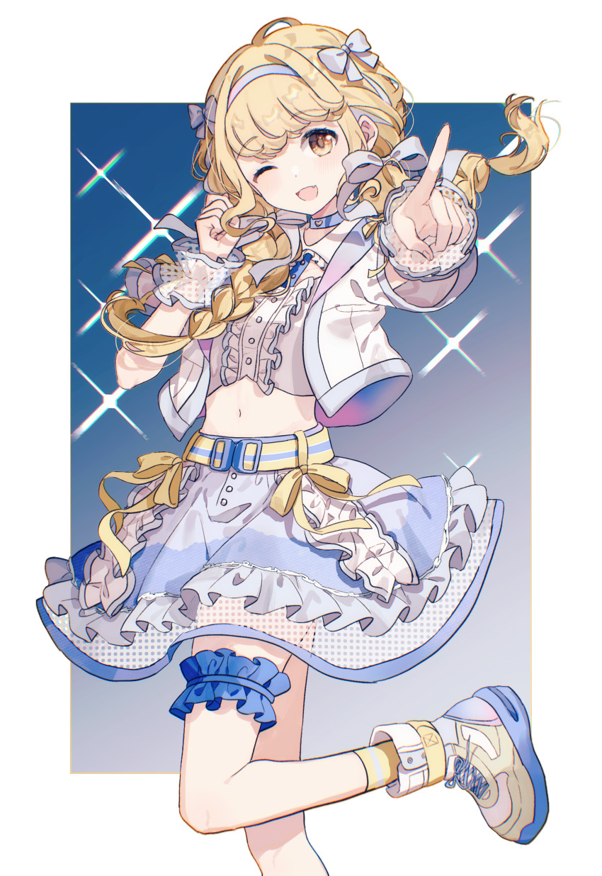 1girl absurdres belt blonde_hair blue_background blue_choker blue_scrunchie blue_skirt border bow braid buttons center_frills choker clenched_hand crop_top fang frilled_shirt frilled_skirt frills fujita_kotone gakuen_idolmaster gradient_background hair_bow hair_ribbon hairband highres idolmaster index_finger_raised jacket layered_skirt leg_up looking_at_viewer migolu multicolored_hairband multicolored_shoes navel one_eye_closed open_mouth pointing pointing_at_viewer ribbon scrunchie sekaiichi_kawaii_watashi_(idolmaster) shirt shoes short_sleeves sidelocks simple_background skirt smile sneakers socks solo sparkle thigh_scrunchie twin_braids white_border white_bow white_jacket white_ribbon white_shirt wrist_cuffs yellow_belt yellow_eyes yellow_socks