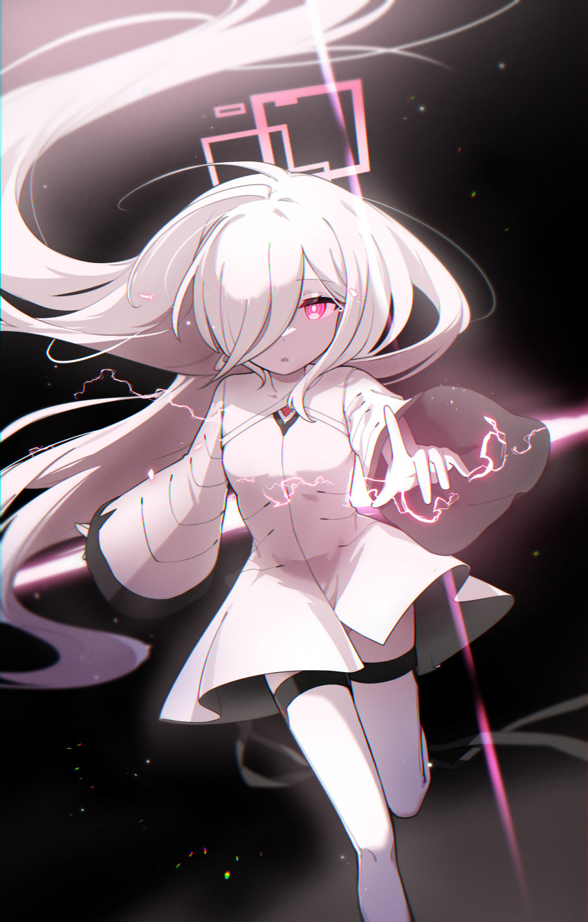 1girl absurdly_long_hair absurdres black_background blue_archive dress hair_over_one_eye halo highres kei_(blue_archive) kei_(new_body)_(blue_archive) kurana_(atlas) long_hair long_sleeves looking_at_viewer pink_eyes pink_halo rectangular_halo ringed_eyes solo standing standing_on_one_leg thighhighs very_long_hair white_dress white_hair white_thighhighs wide_sleeves
