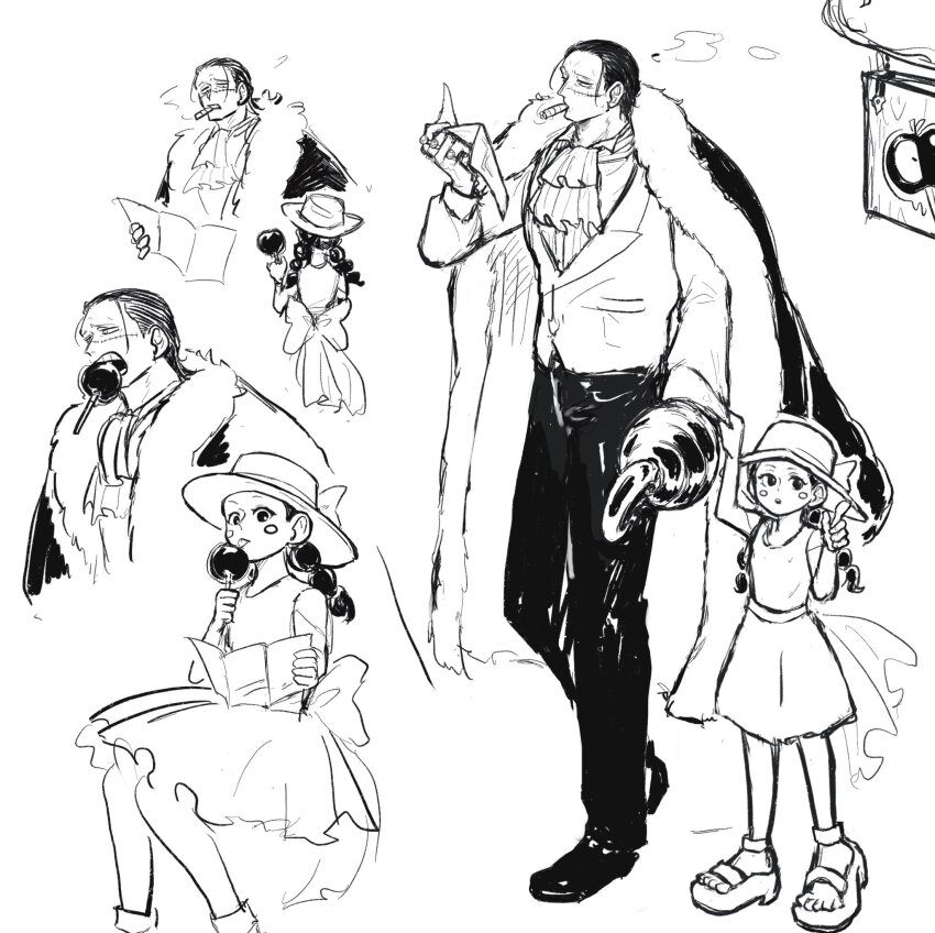 1boy 1girl ascot blush_stickers candy_apple cigar coat crocodile_(one_piece) f4ylu food full_body fur-trimmed_coat fur_trim greyscale hat highres hook_hand miss_goldenweek monochrome multiple_views one_piece smoke stitched_face stitches twintails