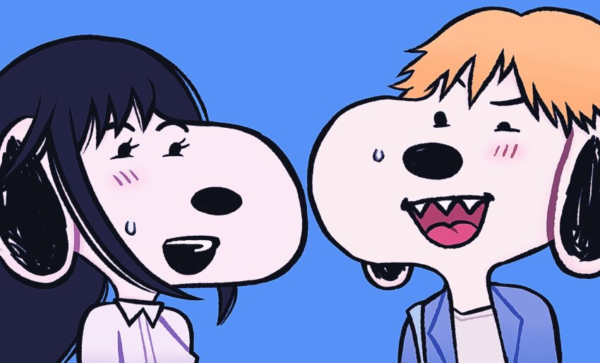 black_hair blonde_hair blue_jacket bubblemunne chainsaw_man charles_schulz_(style) cosplay denji_(chainsaw_man) denji_(chainsaw_man)_(cosplay) dog highres jacket mitaka_asa mitaka_asa_(cosplay) open_mouth peanuts_(comic) sharp_teeth shirt snoopy teeth white_shirt