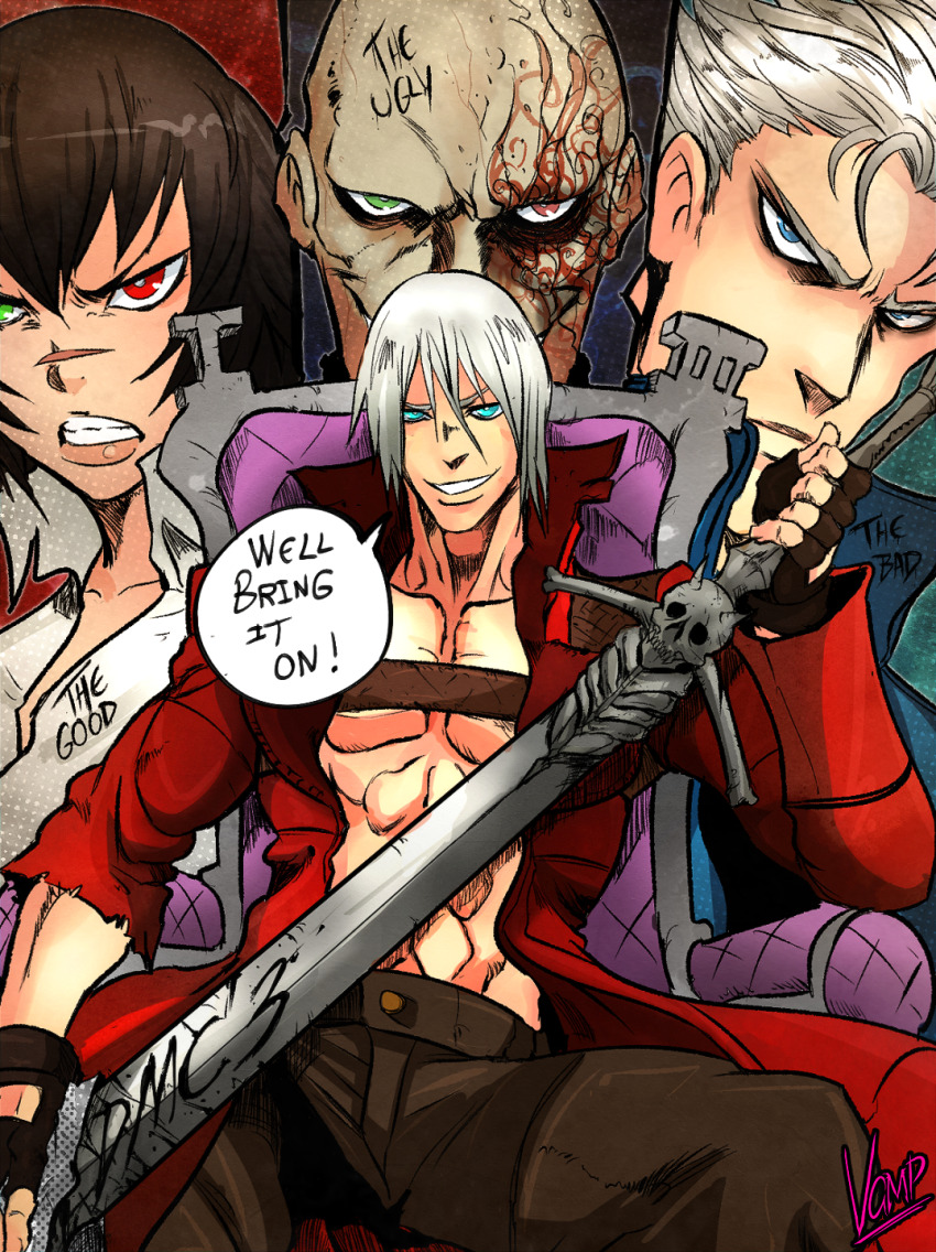 1girl 3boys arkham_(devil_may_cry) artist_name black_hair blue_eyes chair dante_(devil_may_cry) devil_may_cry devil_may_cry_(series) devil_may_cry_3 domesticvamp green_eyes heterochromia highres jacket lady_(devil_may_cry) multiple_boys no_shirt on_chair rebellion_(sword) red_eyes red_jacket signature sitting smirk speech_bubble sword vergil_(devil_may_cry) weapon white_hair