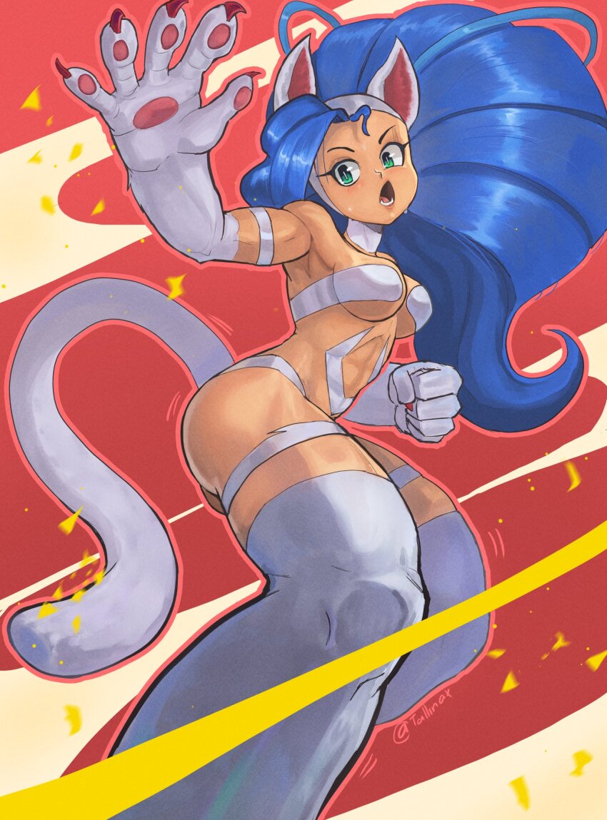 1girl animal_ears animal_hands ass blue_hair breasts cat_ears cat_tail dark-skinned_female dark_skin felicia_(darkstalkers) green_eyes highres long_hair lower_teeth_only medium_breasts tail tallinax teeth darkstalkers very_long_hair white_fur