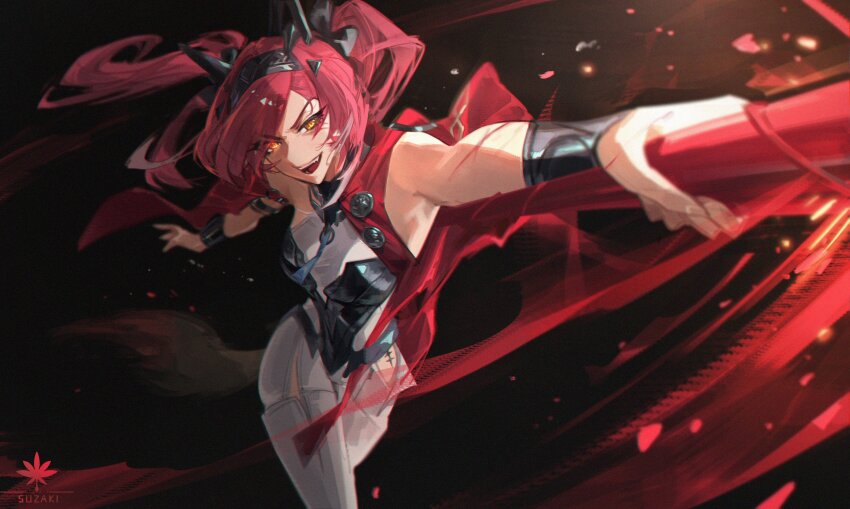 1girl absurdres armlet armor artist_logo black_bow bodysuit boots bow breastplate breasts collar commentary english_commentary feet_out_of_frame glowing glowing_eye hair_bow hairband headgear highres holding holding_polearm holding_weapon jewelry logo long_hair looking_ahead lupa_(wuthering_waves) medium_breasts metal_collar metal_hairband multiple_hair_bows open_mouth pink_hair polearm red_sash sash smile solo steve_zheng thigh_boots weapon white_bodysuit white_boots wrist_guards wuthering_waves yellow_eyes
