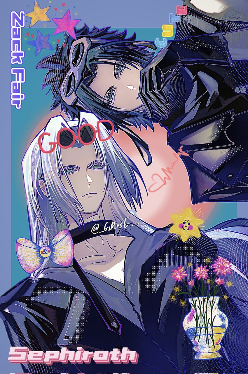 2boys alternate_costume aqua_eyes black_choker black_gloves black_hair black_jacket bow character_name choker closed_mouth eyewear_on_head final_fantasy final_fantasy_vii flower from_below frown gloves grey_hair grose highres jacket long_hair looking_at_viewer male_focus medium_hair multiple_boys parted_bangs pink_flower sephiroth smile twitter_username vase zack_fair