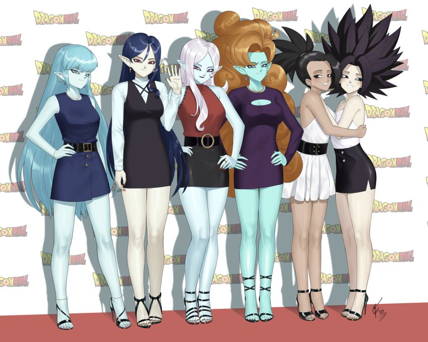 6+girls absurdres aeos_(dragon_ball) belt black_eyes black_hair blue_eyes blue_hair blue_skin bracelet breasts caulifla chain chain_necklace cleavage cleavage_cutout clothing_cutout colored_skin commentary curly_hair dark-skinned_female dark_skin dragon_ball dragon_ball_heroes dragon_ball_super dragon_ball_xenoverse dragonball_z dress earrings english_commentary formal_clothes green_skin hand_on_own_hip highres hug jewelry kale_(dragon_ball) long_hair looking_at_viewer multiple_girls nail_polish necklace orange_hair photo_shoot pink_eyes pointy_ears ponytail red_carpet red_eyes red_nails ring robelu signature skirt sleeveless sleeveless_turtleneck smile smirk somegfguy spiked_hair towa_(dragon_ball) turtleneck very_long_hair waving white_hair zangya