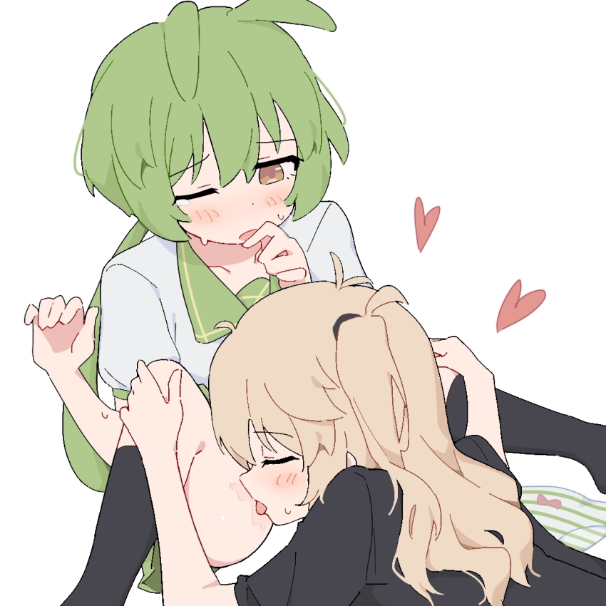 2girls animal_ears between_legs black_shirt black_socks blush brown_eyes closed_eyes commentary_request giryu green_hair heart kasukabe_tsumugi licking_thigh long_hair multiple_girls one_eye_closed panties saliva shirt short_sleeves simple_background socks spread_legs striped_clothes striped_panties sweatdrop twintails underwear unworn_panties voicevox white_background white_shirt yuri zundamon